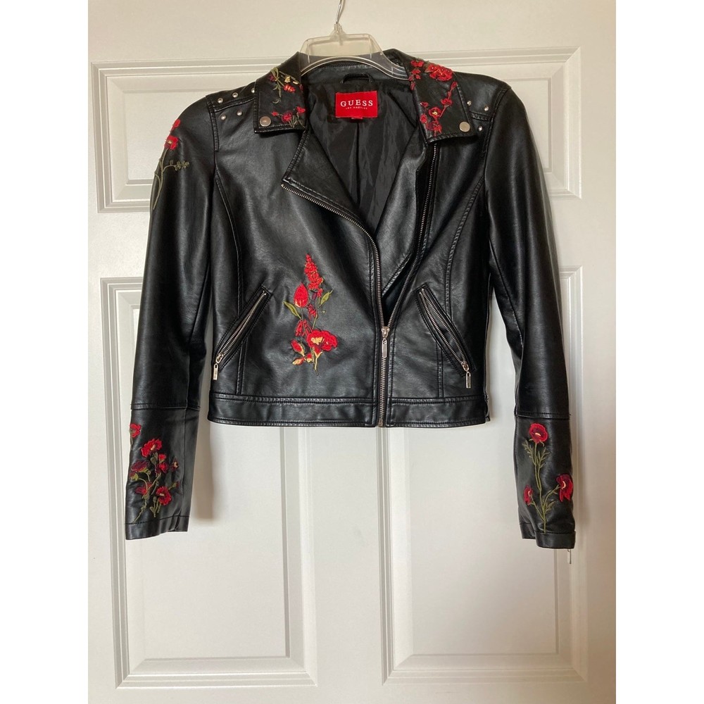 STUNNING floral embroidered leather jacket, cropped moto jacket
